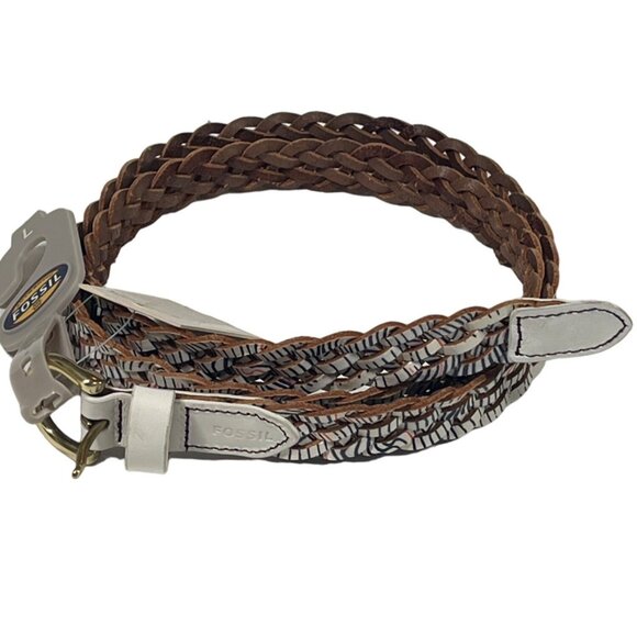 Fossil Braided Leather Belt Brown White Blue Gold Buckle Size M - Picture 1 of 8